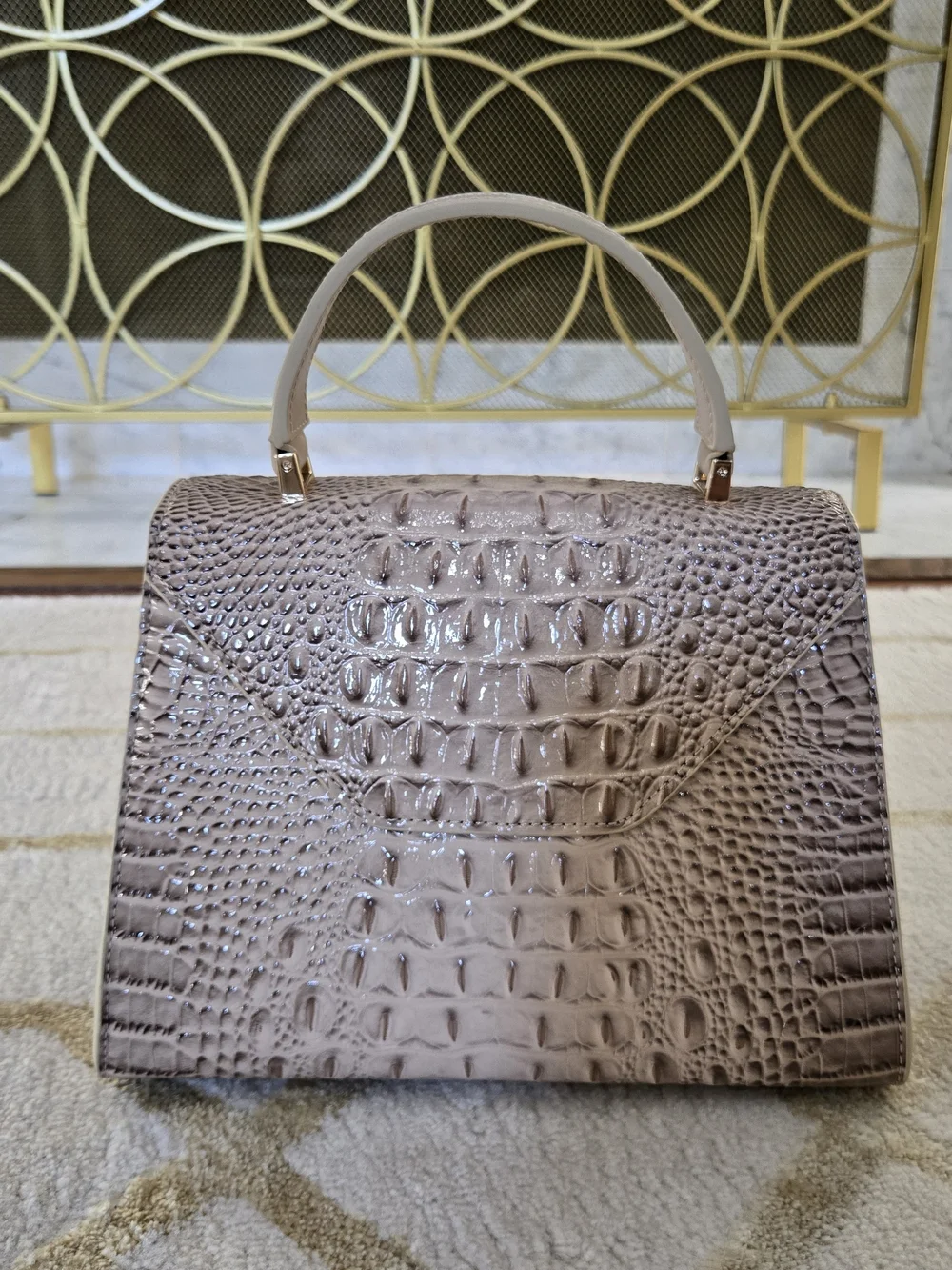 Top-Handle Croc-Embossed Satchel Tote in Blush